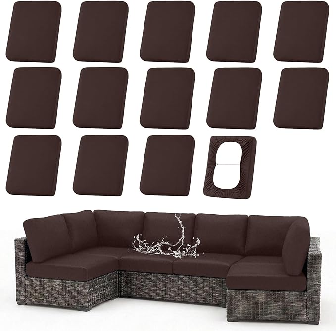 hyha Waterproof Outdoor Cushion Covers for Patio Furniture, Stretch Patio Chair Cushion Slipcovers, Coated UV Resistant Replacement Seat Covers, Solid Color (Coffee, 14PC)