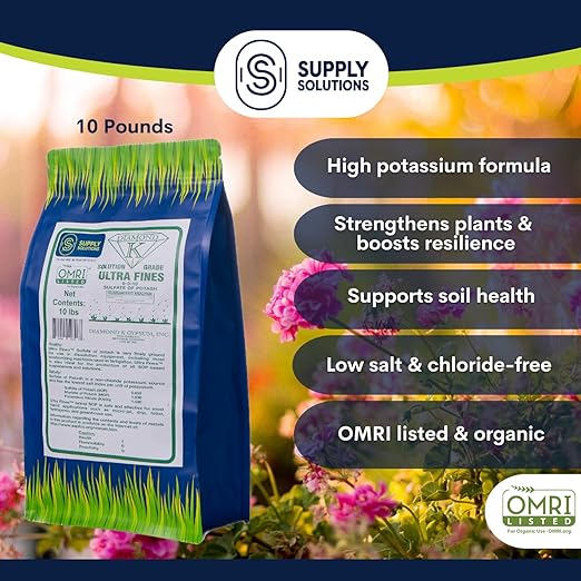 Supply Solutions Sulfate of Potash 0-0-50 - Organic Potash Fertilizer - Suitable for Fertigation, Drip Systems, Foliar, Hydroponics, Greenhouse Use - Ideal for Flowers, Fruits, Gardens (10 Pounds)