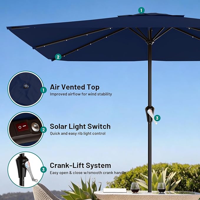 AreShark 8' X 10' Rectangular Patio Umbrella with Solar Lights, Lighted Solar Umbrella with Crank, Outdoor Table Umbrella for Garden, Deck, Backyard, Pool and Beach, Navy