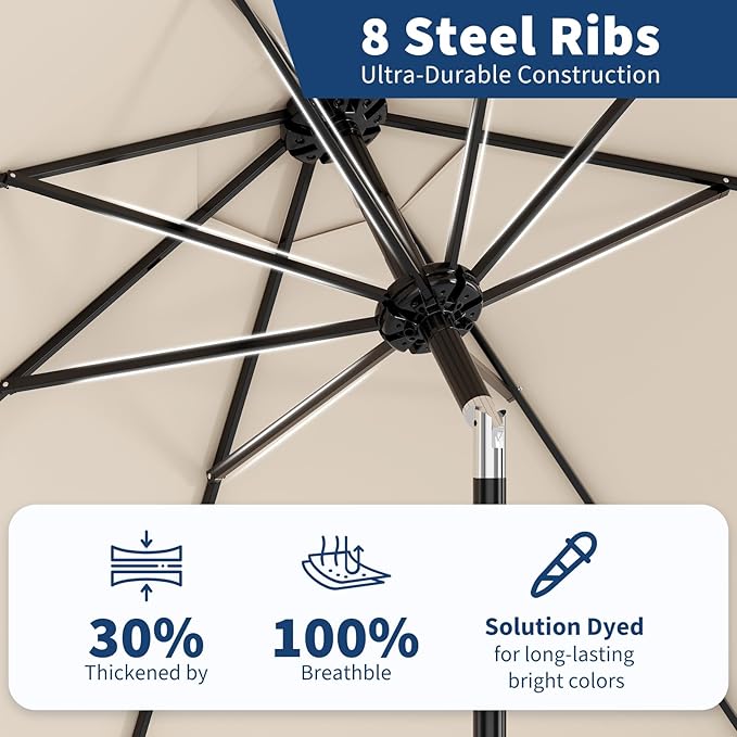 Garvee 9 ft Outdoor Patio Umbrella 8 Sturdy Ribs Outdoor Table Umbrella with Crank Lift & Push Button Tilt - UV Protection Waterproof Market Umbrellas for Pool, Deck, Yard, Garden, Light Beige