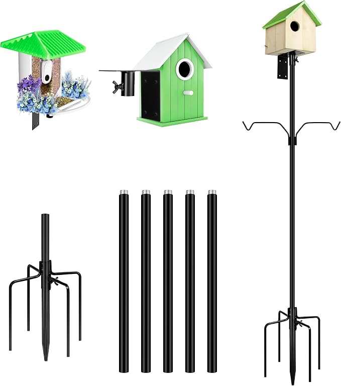 YINGYM Bird House Pole, 95 Inch Heavy Duty Bird Feeder Pole Mount Kit for Outdoors, Adjustable Bird Feeding Stand, with 2-Hooks, 5-Prong Base for Birds Watching