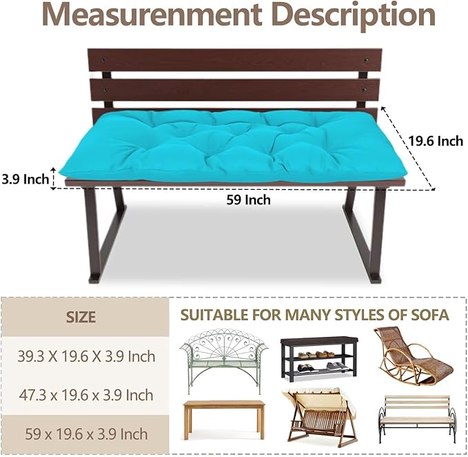 Yddsky Waterproof Indoor/Outdoor Garden Bench Seat Cushions,Thicken Patio Bench Soft Rocking Chairs Pad Lounger Seat for Wicker Loveseat Settee（59 X 19.6 in，Turquoise