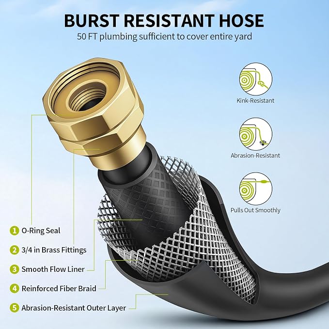 Retractable Garden Hose Reel - 1/2 inch x 50ft Wall Mounted Hose Reel with 3/4 inch Brass Fitting & 10 Function Sprayer Nozzle - Any Length Lock, Auto Rewind System, 180°Swivel Bracket - Black