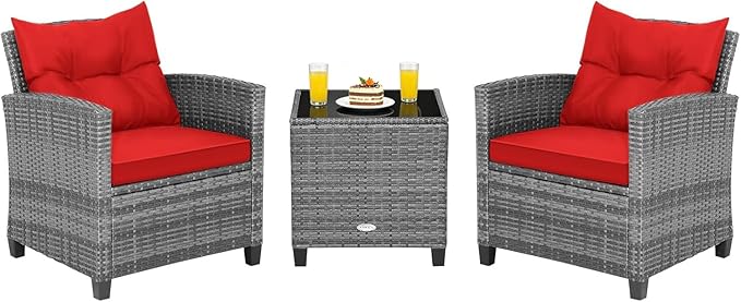 COSTWAY 3PCS Patio Furniture Set, PE Rattan Wicker Sofa w/Washable Cushion and Coffee Table, Tempered Glass Tabletop, Outdoor Conversation Set for Balcony, Porch, Yard, Backyard, Lawn, Red