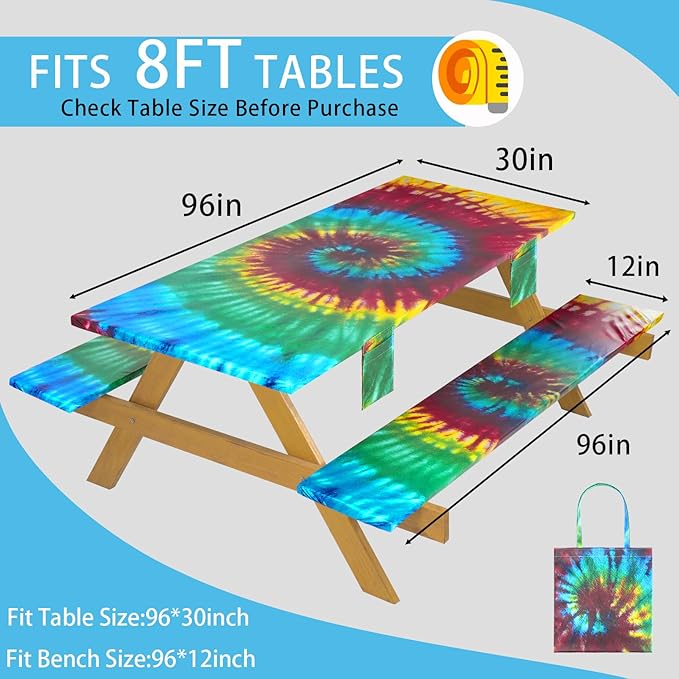 Fitted Waterproof Picnic Table Cover with Bench Covers Elastic 96×30In 3 Piece Camping Table Cloth for 8Ft Rectangle Tables Outdoor Camper Gifts Supplies Patio Rv Traveling Hiking Must Haves