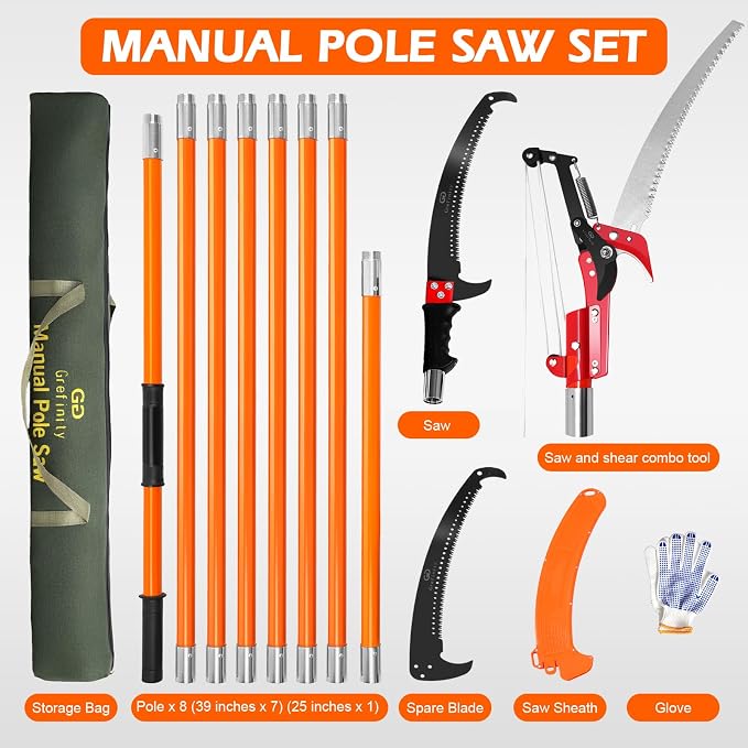 Grefinity Manual Pole Saw, 27 Ft Tree Trimmer, Extendable Pole Saws for Tree Trimming, Sharp Steel Blade and Scissors, for Backyard and Garden Pruning Palms & Shrubs, Orange