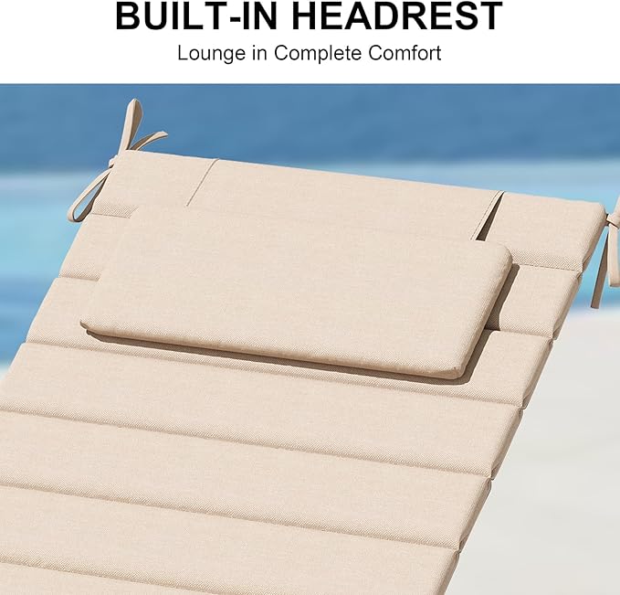 Crestlive Products Chaise Lounge Cushion Outdoor Set of 2, Foldable Waterproof Pool Lounge Chair Cushions with Straps, Lounger Cushions for Outdoor Furniture, 80''Lx26''W (Beige)