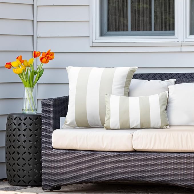 Western Home Pack of 2 Outdoor Waterproof Striped Throw Pillow Covers Beige Grey Decorative Pillowcases Garden Modern Cushion Cases for Patio Tent Balcony Couch Sofa 12x20 Inch