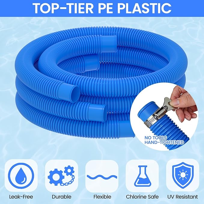 Poolvio Pool Hoses for Above Ground Pools 1.25" Diameter x 59" Long, 3-Pack, Heavy Duty UV Resistant & Leak-Proof Pool Pump Hoses with 6 Metal Thumb Clamps, Fits Intex Filter Pump 607/637