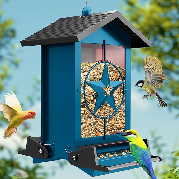 Squirrel Proof Bird Feeders for Outdoors with Weight-Activated, Metal 5LB Large Wild Bird Feeders for Cardinals,Blue Jay,Finch, Weatherproof Durable Hanging Bird Feeder for Backyard,Garden (Blue)