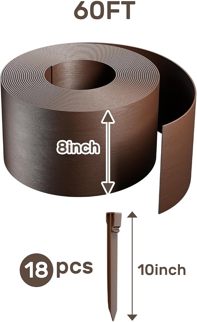AGTEK 59FT Plastic Landscape Edging Coil Kit, 8 inch High Terrace Board Garden Edging Border with 18 Stakes