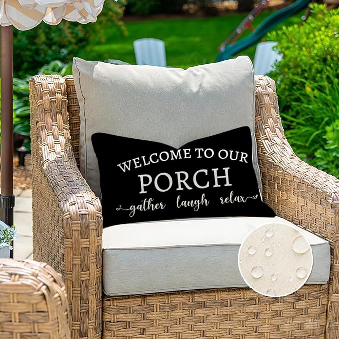 RABUSOFA Welcome to Our Porch Decor Outdoor Pillow Covers Waterproof,12x20 Set of 2 Black and Cream Stay Awhile Relax Lumbar Cushion Case Decorations for Patio Couch (Black)