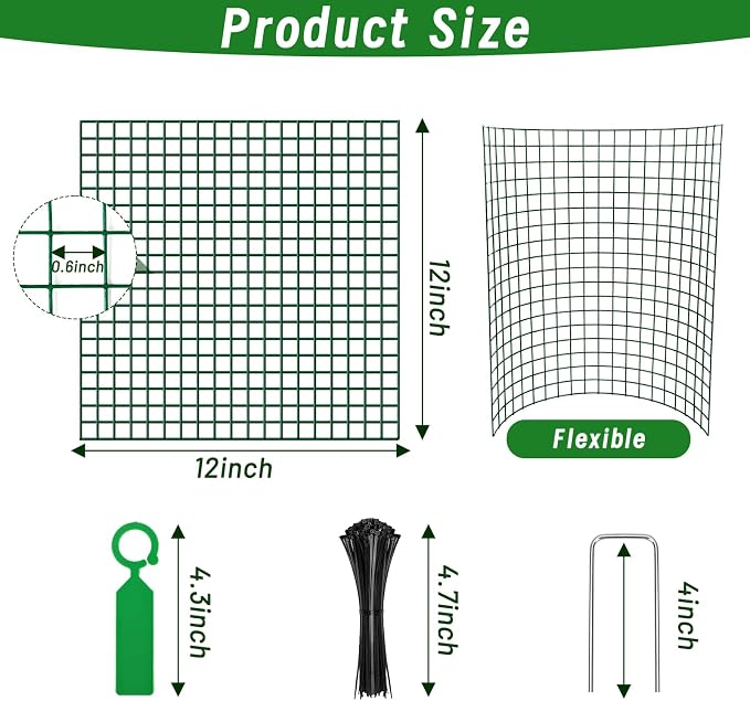 Plant Protectors from Animals - DIY Reusable Plant Cages for Outdoor Plants, Square Mesh Plant Covers Kits, 12"x12" Panels (6/18/30 Pcs) (30, Dark Green)