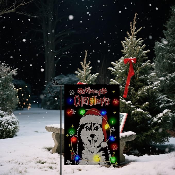 Christmas Dog Garden Flag - Led Husky Christmas Decor for Outside, Welcome Garden Flags Double-Sided Flag for Seasonal Christmas Winter Farmhouse Yard Lawn Decoration Gifts 12x18 inches