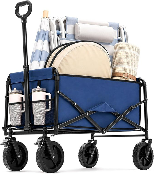 DUMOS Collapsible Wagon Cart, Heavy Duty Foldable Utility Wagon with Wheels – 220 lbs Capacity, Flexible Handle for Beach, Garden, Sports, Grocery & Camping, Blue