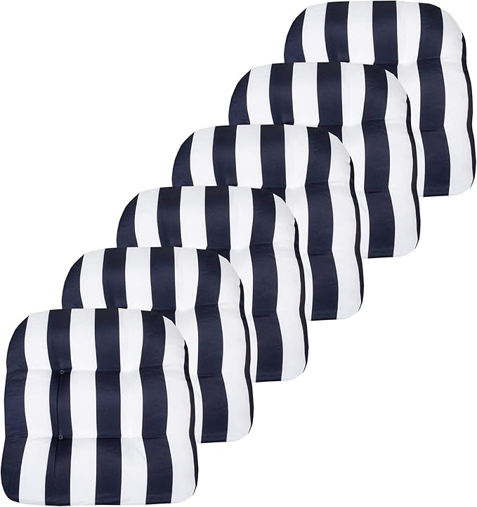 Sweet Home Collection Patio Cushions Outdoor Chair Pads Premium Comfortable Thick Fiber Fill Tufted 19" x 19" Seat Cover, 6 Pack, Havana Navy/White