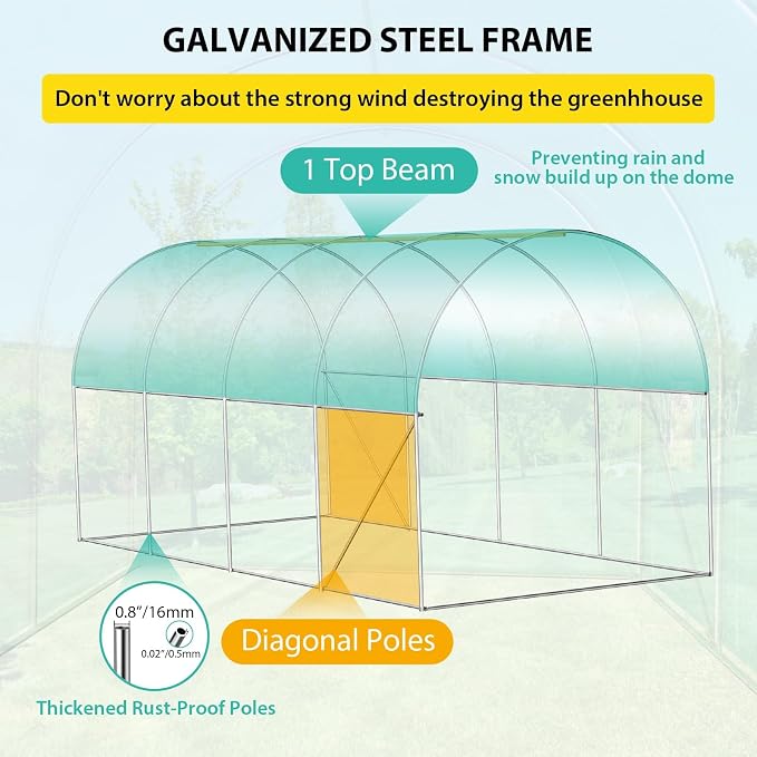 GarveeLife 8*13*7 ft Portable Walking in Tunnel Tent, Walk-in Greenhouse with Bottom widening Design, Galvanized Pipe, Full-Opening Roller Zippered Door & 6 Screen Windows, Greenhouses for Outdoors