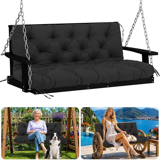 Porch Swing Cushions 60 inch Waterproof & Fade Resistant Thicken 5" Outdoor Swing Cushions 3 Seater Replacement with Backrest & Ties Patio Swing Cushions for Outdoor Furniture (Black)