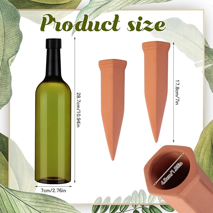SiliFine 3 Sets Plant Watering Devices Include Terracotta Self Watering Spikes and 26 oz Plastic Bottles, Slow Release Vacation Insert Automatic Plant Waterer Device (Dark Green and Terracotta)