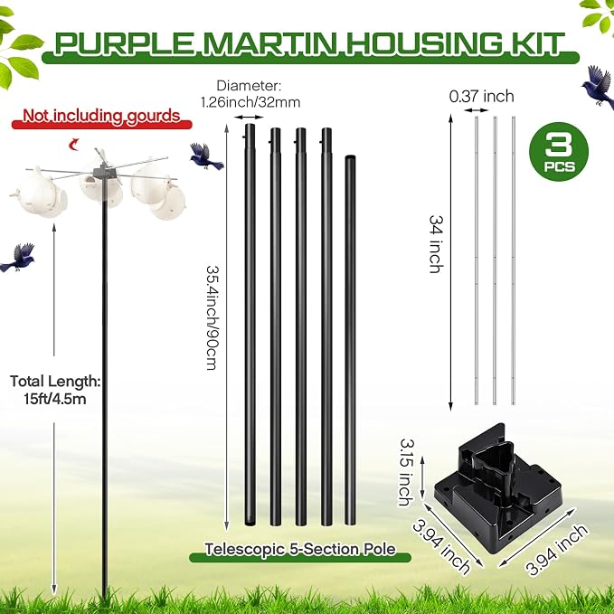 15' Telescoping Martin House & Gourd Pole, Purple Martin Housing Kit Durable Birdhouse Mounting System with Gourd Hangers & Mounting Accessories, Easy Assembly,House Not Included