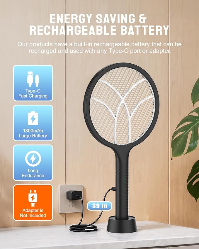 Mosiller Electric Fly Swatter Racket, 4000V Bug Zapper with 1800mah & Dual Modes, 2 in 1 Rechargeable Purple Mosquito Light Killer with 3-Layer Safety Mesh for Indoor Home Patio Camping Office(1 Pack)