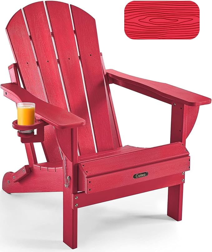 Ciokea Folding Adirondack Chair Wood Texture, Patio Adirondack Chair Weather Resistant, Plastic Fire Pit Chair with Cup Holder, Lawn Chair for Outdoor Porch Garden Backyard Deck (Red)