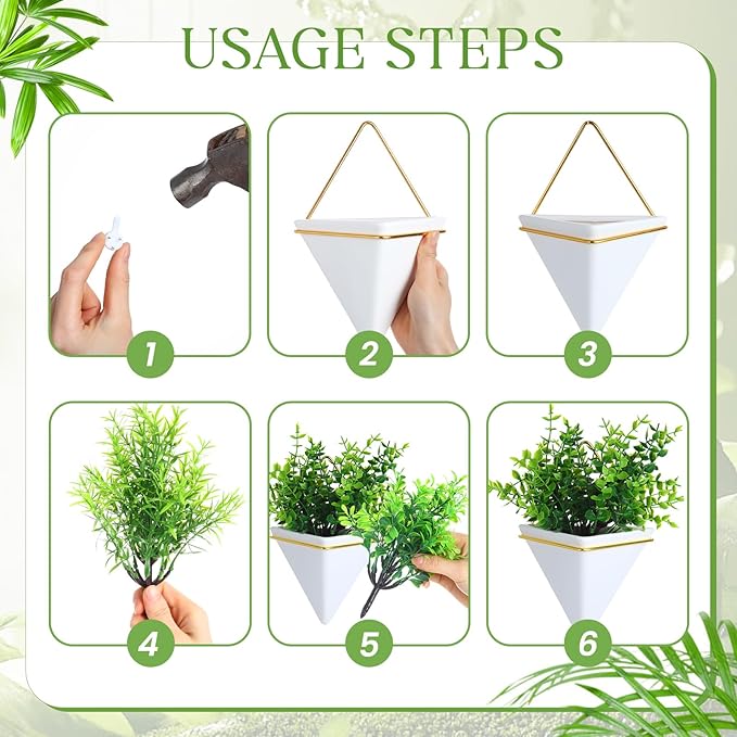 Rtteri 15 PCS Wall Hanging Planter Set with Artificial Greenery, 3 Ceramic Geometric Wall Planters in 3 Sizes, Modern Indoor Decor for Living Room Bathroom Office