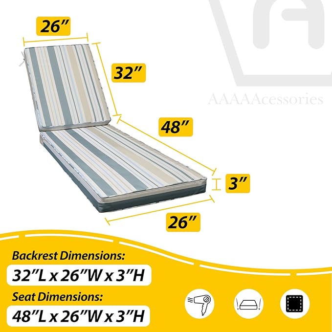 AAAAAcessories Outdoor Chaise Lounge Cushions, Fade-Resistant, Waterproof Patio Furniture Replacement Cushions, 80" x 26" x 3", Slate Gray Blue Coastal Stripe
