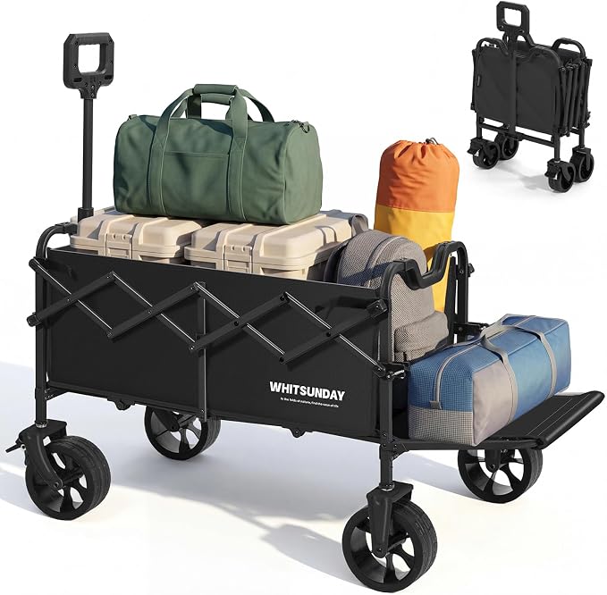 Collapsible Folding Wagon Cart, Heavy Duty Utility Wagons with Tailgate & Wheels,Portable Utility Cart for Camping,Garden,Beach,Sports Black