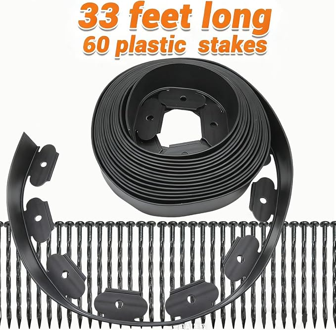 Landscape Edging 2in x 33FT Garden Edging Kit with 120 Spikes(33feet-Black)