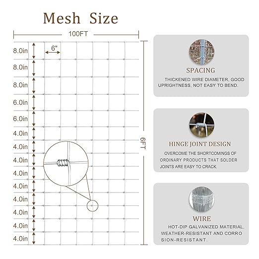6ft x 100ft Thicker Heavy-Duty Livestock Fence, High-Zinc Galvanized Cattle Fence, Farm Wire Fencing for Hog, Goat, Deer & Horse
