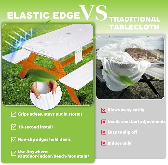 Picnic Table Cover with Bench Covers Vinyl Elastic Edges Fitted Rectangle Seat Tables Waterproof 3-Piece72X30in Set Outdoor Rectangular Folding Backing Tablecloth for Camping Over Size