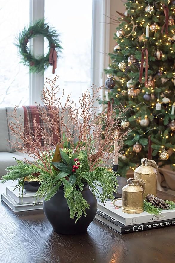 30.7" Christmas Champagne Glitter Stems, 5Pcs Artificial Spray Leaf Picks Tall Branches for Christmas Tree DIY Xmas Wreath Garland Arrangment Vase Bouquets Table Centerpieces Decoration Home Decor