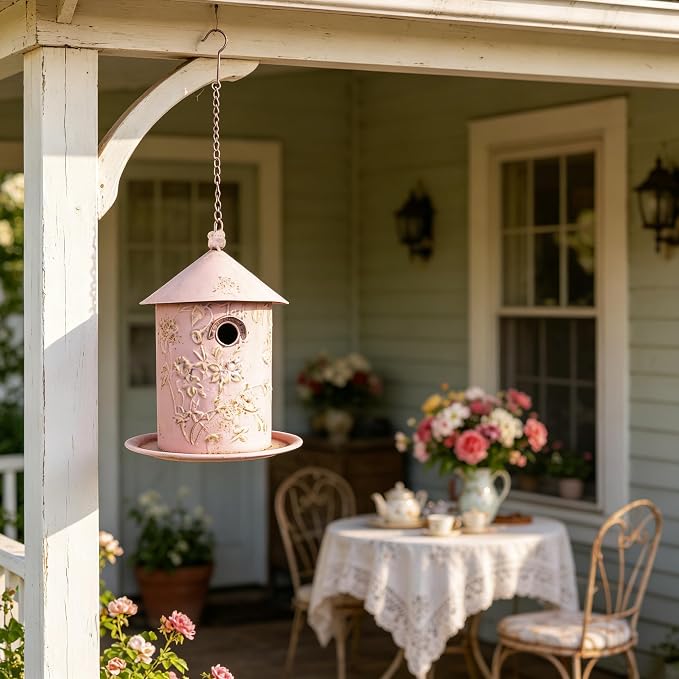 Vintage Pink Metal Bird House Feeder, Distressed Floral Embossed Hanging Birdhouse with Tray, Rustic Farmhouse Decorative Bird Nest Box for Outdoor Garden, Patio, Yard