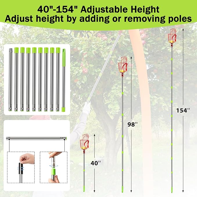 UQM 12.8FT Fruit Picker Pole with Basket Harvest Bag, 40-154 Inch Adjustable Length Apple Picker Pole with Basket, Portable Fruit Picker Basket for Apples Oranges Figs Mangoes Pears