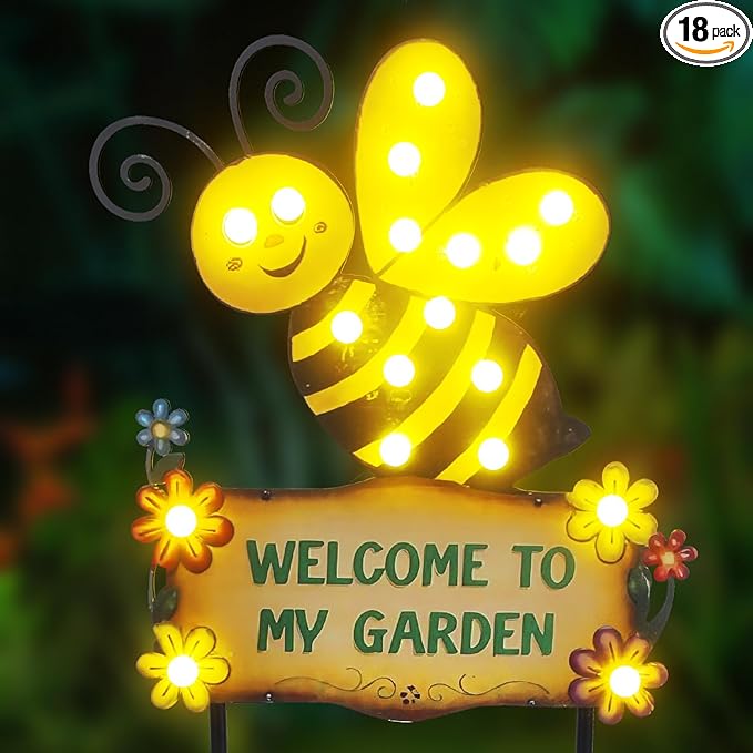 Large Yard Stakes 44.8" with Welcome to My Garden Sign, Solar Garden Lights Outdoor for Summer Decorations, Waterproof Metal Bee Decorative Yard Stakes