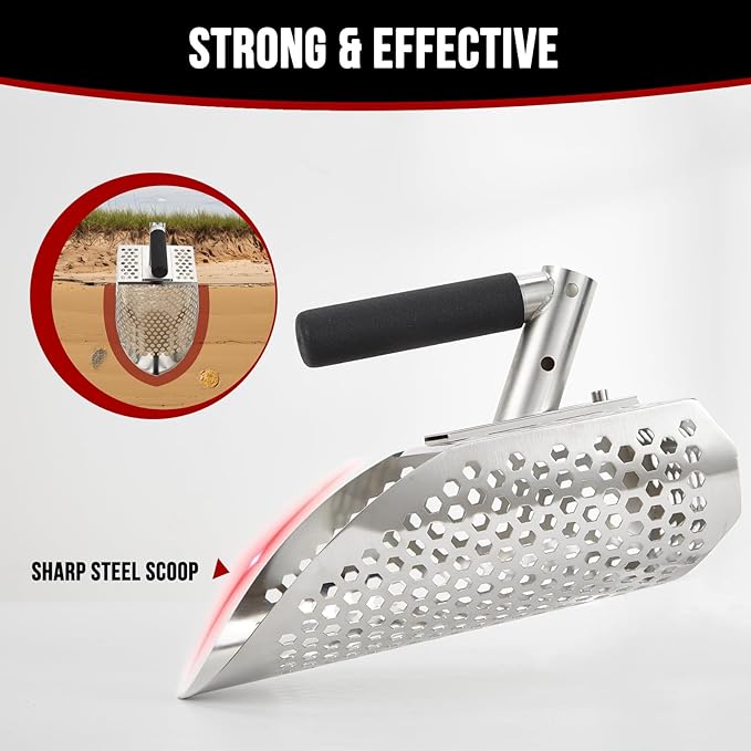 Sand Scoop for Metal Detecting, Stainless Steel Metal Detector Scoop with Long Steel Handle, Sand Sifter for the Beach, Metal Detector Accessories, Metal Detecting Shovel, Sand Flea Rake for Beach