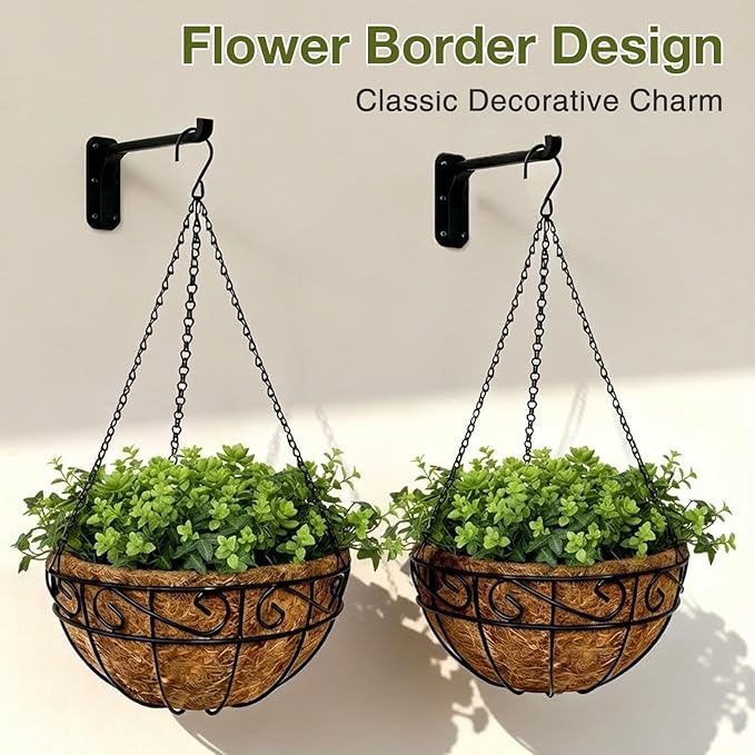 14 Inch Hanging Baskets for Plants Outdoor, 2 Pack Metal Wire Hanging Planters with Coco Coir Liners, Rust-Resistant Flower Basket with Chains & Hooks for Garden Patio Porch Deck Balcony