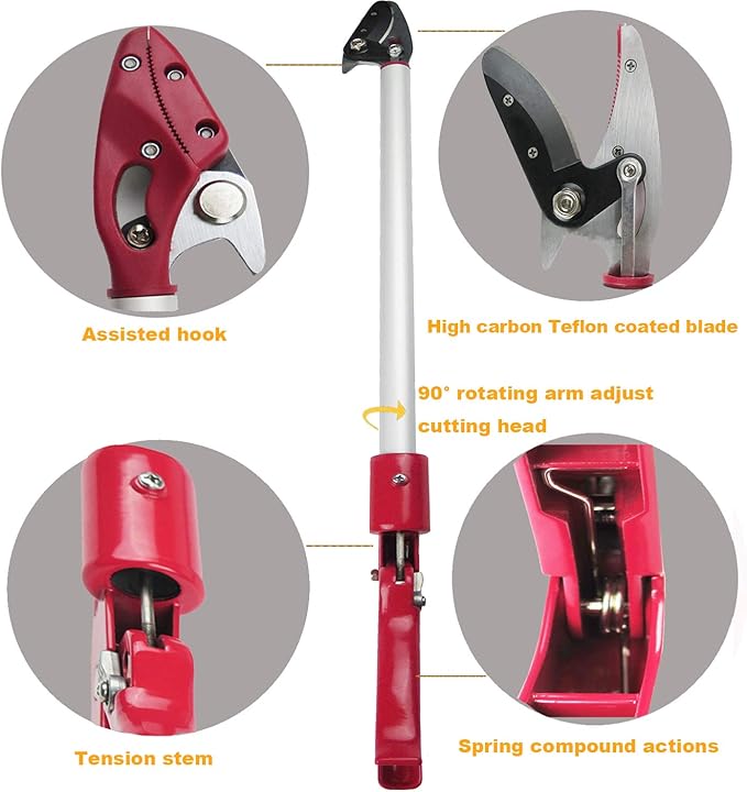 2FT Long Reach Pruner and Fruit Picker with Cut & Hold Feature, Lightweight 0.7lb Aluminum Pole with 90° Rotating Head, High Carbon Steel Sharp Blade, Ergonomic Tree Trimmer for High Branches
