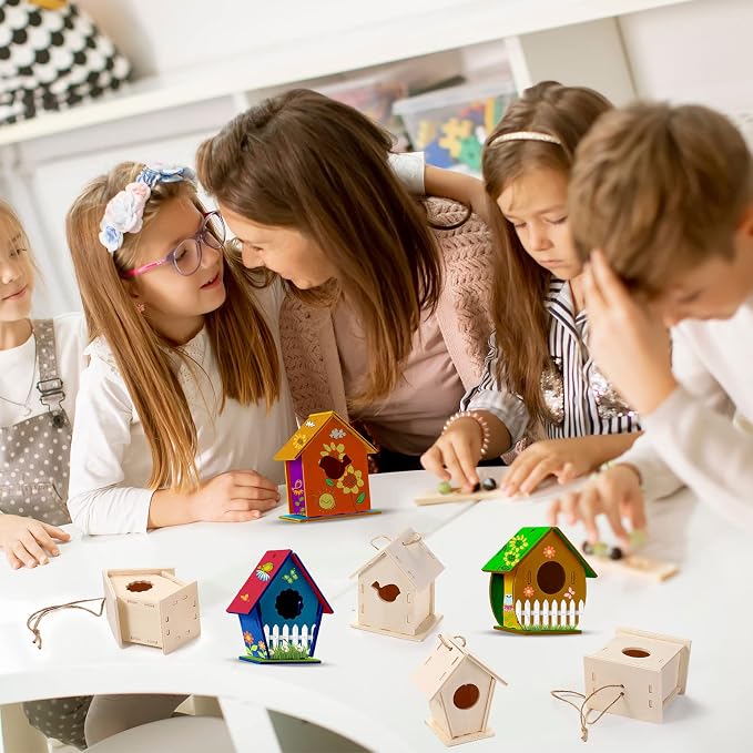 Kisston 272 Pcs DIY Birdhouse Kits for Kids Ages 5-8, 8-12, 120 Wooden Bird Houses Kit in 6 Shapes and 152 Stereoscopic Butterfly Sticker for Children Craft Class Activity Art DIY Project