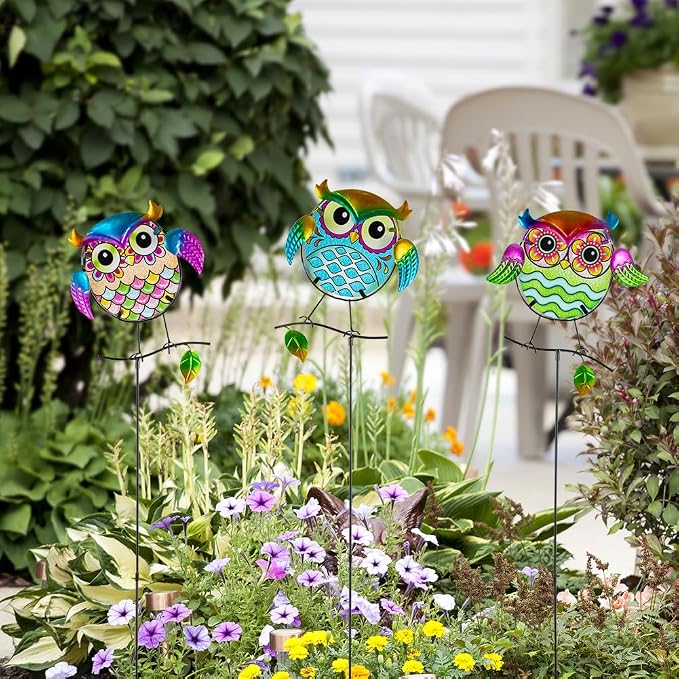 Decorative Garden Stakes,Set of 3 Owl Stained Glass Metal Yard Art Outdoor,Waterproof Spring Garden Stakes Decorative for Lawn Patio Pathway