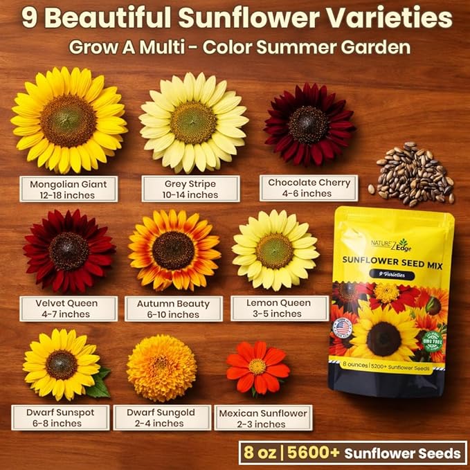 NatureZ Edge 5200+ Sunflower Seeds for Planting Bulk Variety Pack, Get More Sunflower Seeds to Plant, from Dwarf Sunflowers to Giant Sunflower Seeds, Includes Mammoth Sunflower Seeds, Non-GMO