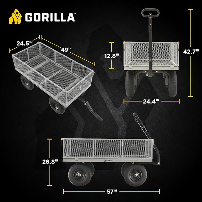 Gorilla Carts Steel Utility Garden Cart, 1,000-Pound Capacity, Gray - Heavy-Duty Outdoor Wagon with Removable Sides, 13-Inch Pneumatic Tires, and Convertible Pull or Tow Handle