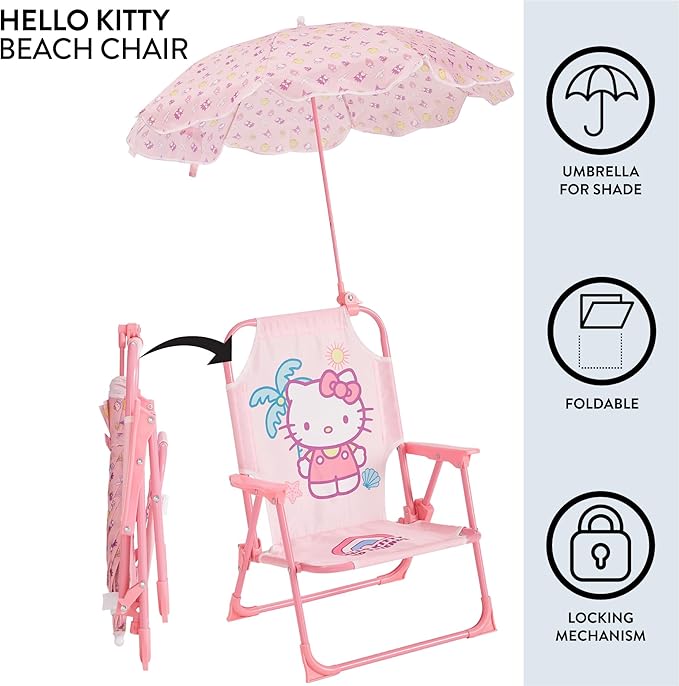 Sanrio Hello Kitty Kids Outdoor Folding Beach Chair with Umbrella,Portable Camp Chair for Ages 3+, Lightweight & Compact for Beach, Camping, and Backyard