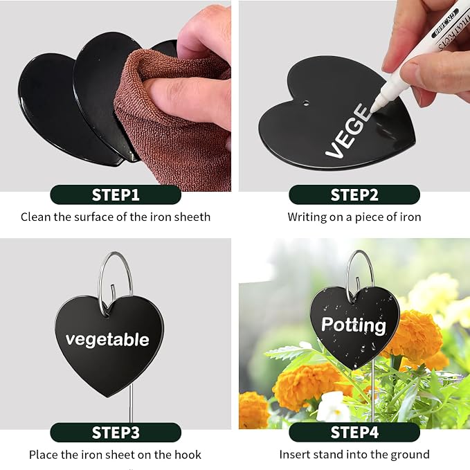 60-Pack Iron Metal Heart Shaped Garden Markers Weatherproof Metal Plant Labels Large Planting Seedling Stake Signs, for Seedlings Herbs Vegetable Greenhouse Gifts with White Marker Pen Labels