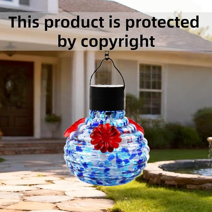 VOREEN Hand Blown Glass Solar Hummingbird Feeder, 17oz Waterproof Hanging Bird Feeder with LED Light, Easy to Clean, Durable Colorful Garden Decorative for Outdoor Yard Patio