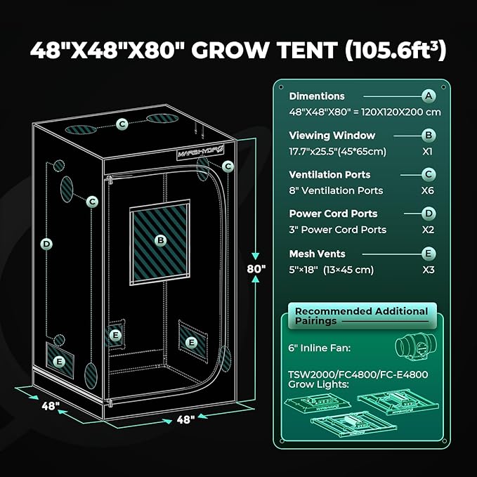 MARS HYDRO 4x4 Grow Tent Pro,48"x48"x80" 2000D Thickened Polyester Canvas & High Reflective Mylar,Larger Observation Window,Controller & Socket Hanger,for TSW2000/FC4800/FC-E4800 Indoor Plant Growing