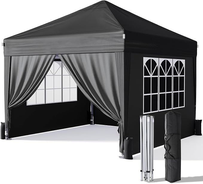 Driftalia 10x10 Pop Up Canopy with Sidewalls, Outdoor Instant Canopy Tent with Carry Bag for Commercial Events, Camping, Backyard Parties - Black