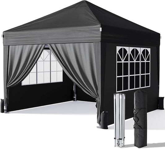 Driftalia 10x10 Pop Up Canopy with Sidewalls, Outdoor Instant Canopy Tent with Carry Bag for Commercial Events, Camping, Backyard Parties - Black