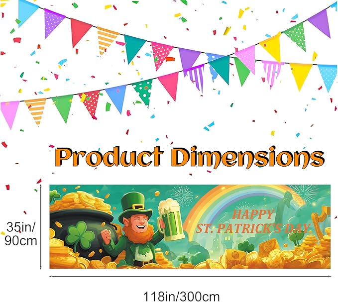 10x3 ft Extra Large Happy St. Patrick's Day Banner Outdoor 115''x35'' Happy St. Patrick's Day Banner for Fence Outside Garden Large Banners Yard
